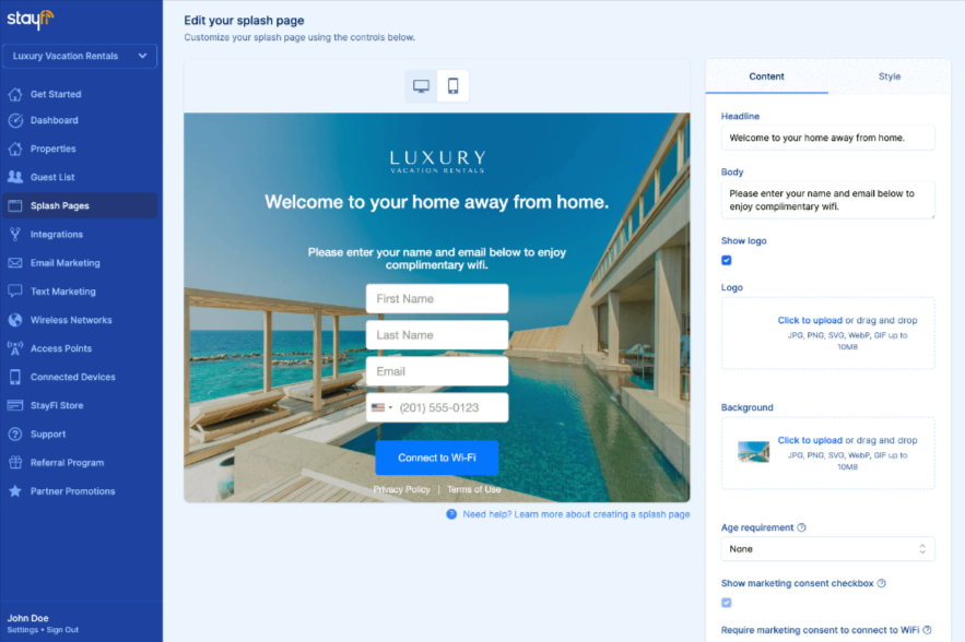 StayFi interface for vacation rentals