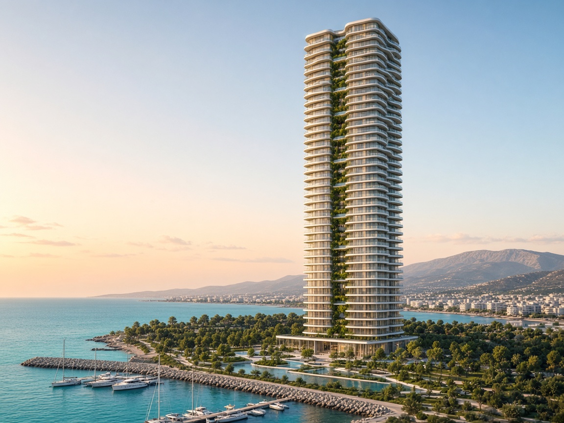 Εικονογράφηση του Riviera Tower στο Ελληνικό με τη μαρίνα και το πάρκο
