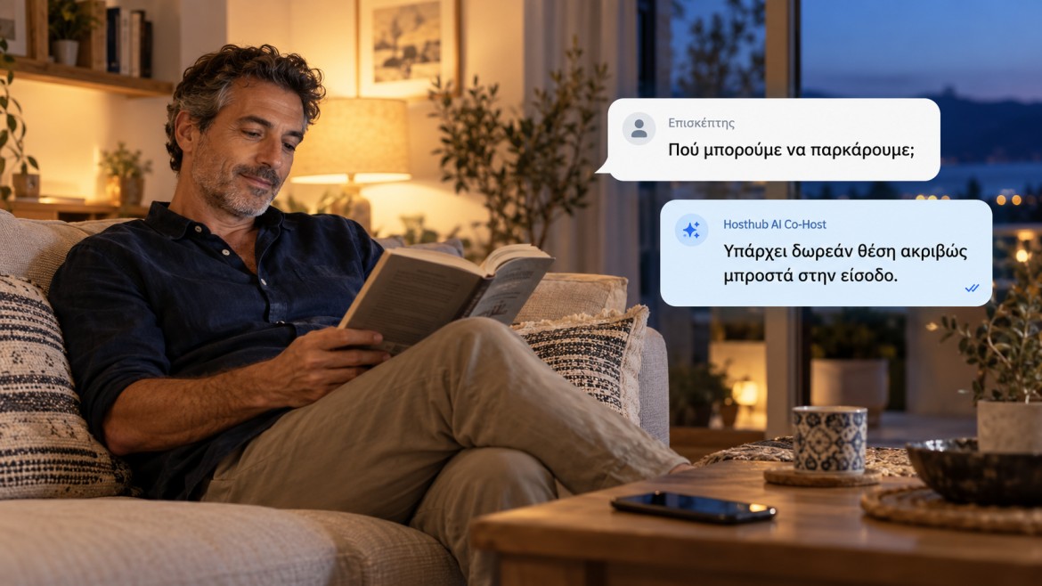 Host που διαβάζει χαλαρός στον καναπέ, ενώ ο Hosthub AI Co-Host απαντά στον επισκέπτη για το parking