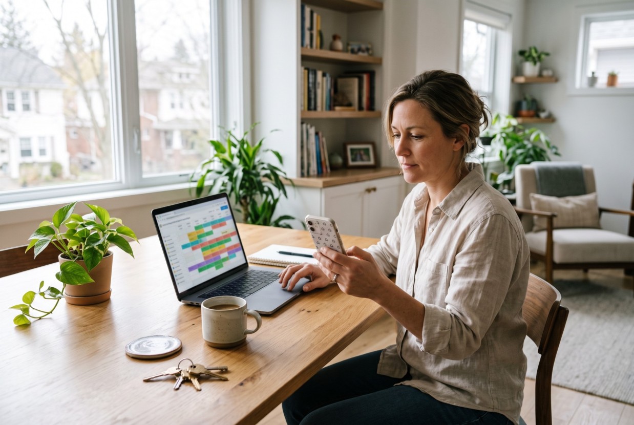 Vacation rental host managing bookings from several channels in one calendar on a laptop and phone