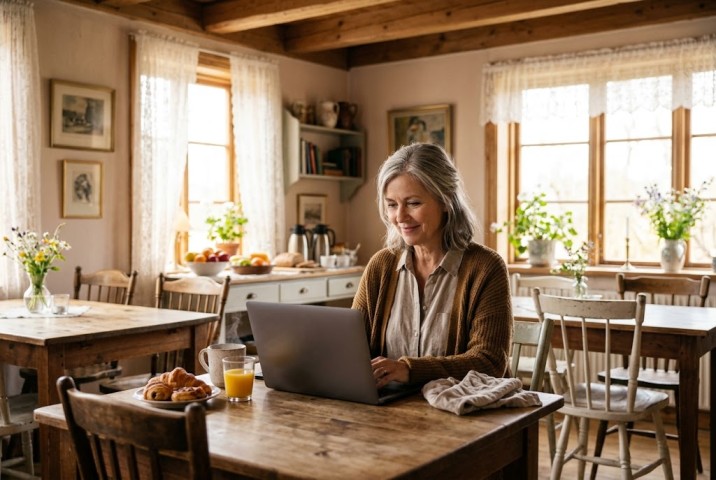 Innkeeper checking room bookings on a laptop in the breakfast room of a small bed and breakfast