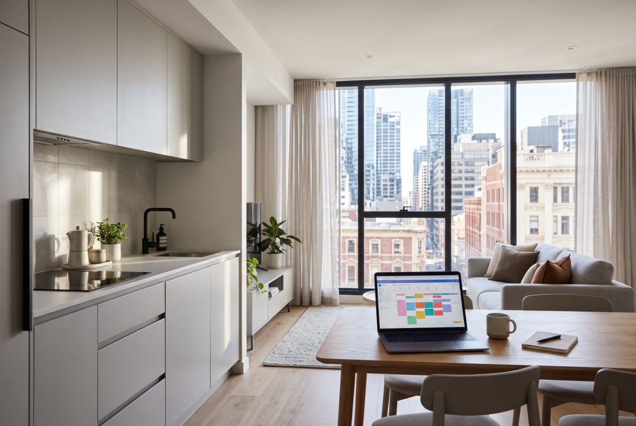 Modern serviced apartment living room with a laptop showing a booking calendar on the dining table