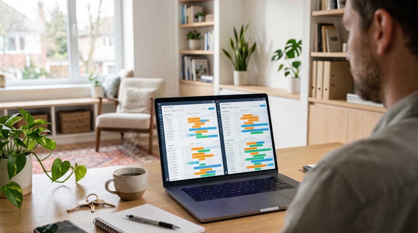 Vacation rental manager comparing two property management dashboards side by side on a laptop