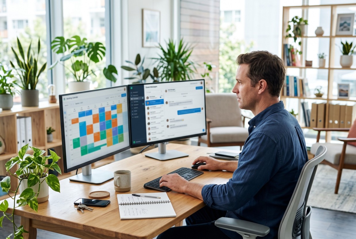 Vacation rental host comparing a booking calendar and a guest management dashboard on two screens