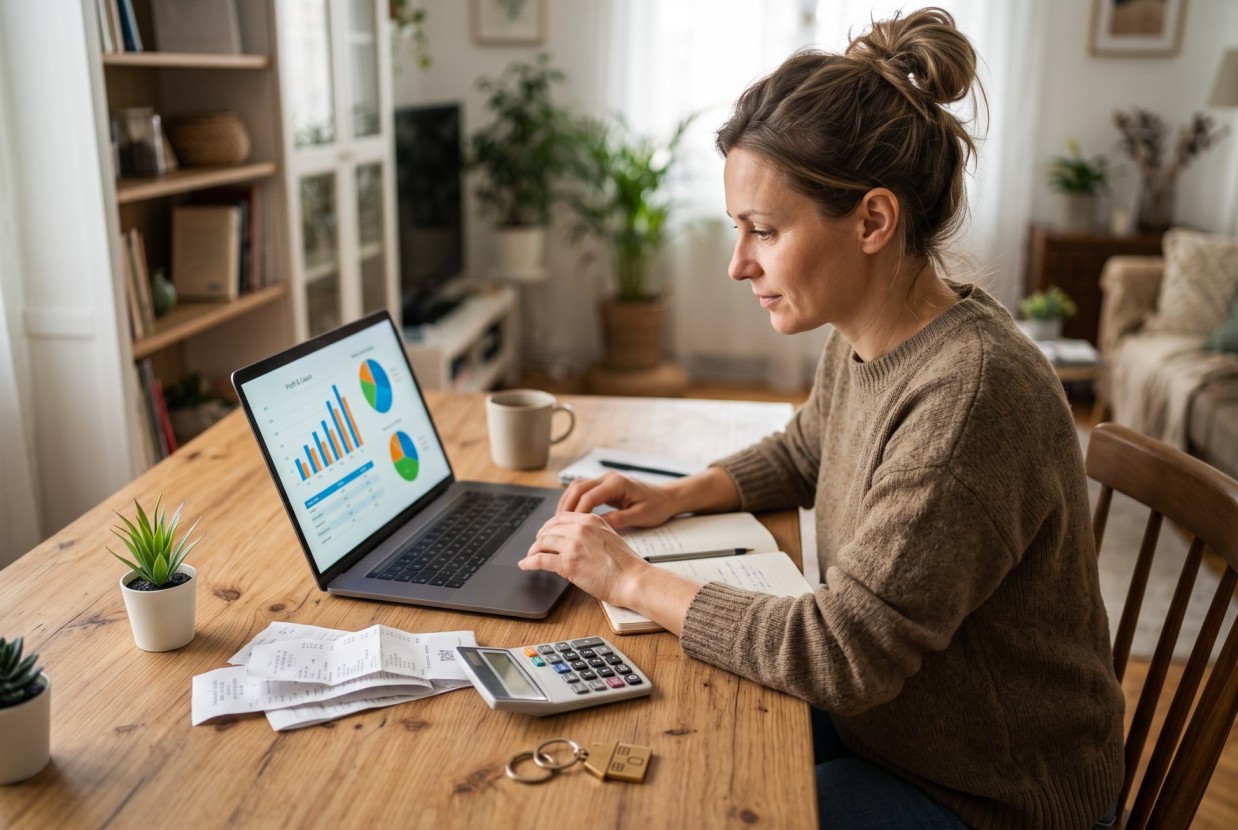 Short-term rental host reviewing income and expenses for several properties on a laptop