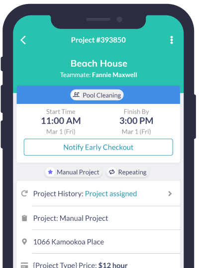 Turno app showing a scheduled pool cleaning project with start time, finish-by time and early checkout notification